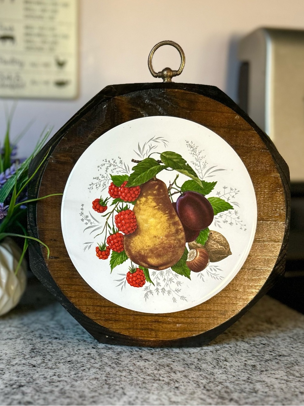 Vintage Fruits & Nuts Ceramic Display on Wood Kitchen Wall Sign